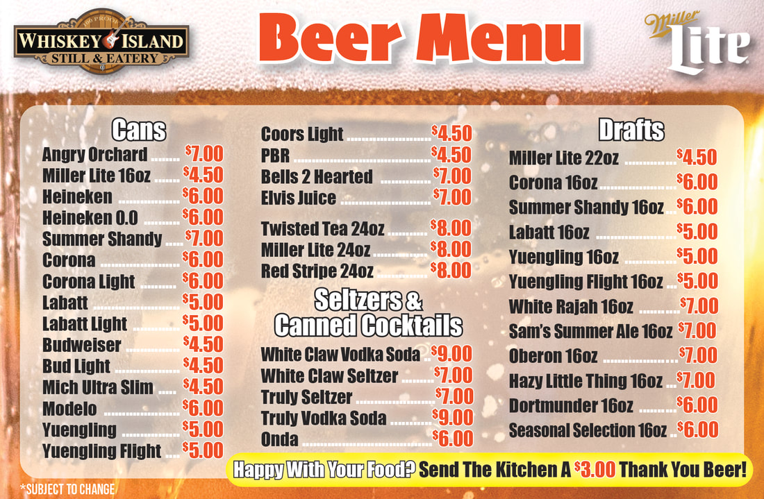 Draft, bottle and can beer list with miller lite, red stripe, corona, dortmunder, bud light, stone spa, fat tire, kaliber and more